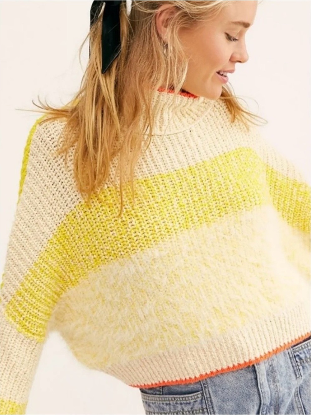 Free People Sunbrite Cream and Yellow Striped Mock Neck Sweater